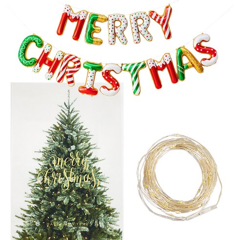 조이파티 은박풍선 MERRY CHRISTMAS 진저브레드 + 크리스마스 트리현수막 + 와이어전구 웜등 8가지 모드 건전지형 100p 세트, 혼합색상