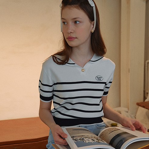 로라로라 여성용 MARINE COLLAR STRIPE KNIT