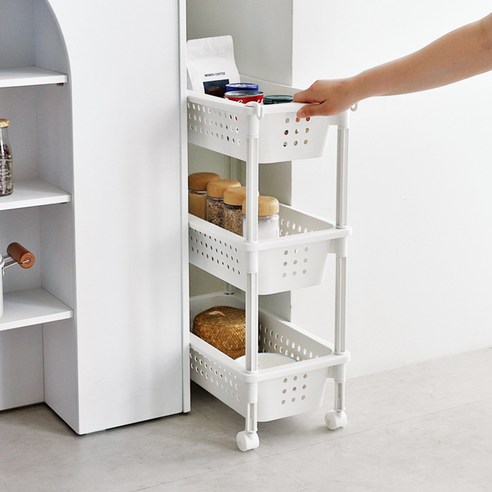 리빙톤이동식폴딩수납장 네이쳐리빙 모노블 3단 이동식 슬림 트롤리, 화이트, 1개