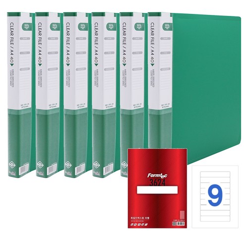희망사무포인트 보급형 클리어화일 A4 Hf157 40매 6p + 폼텍 3624 화일 인덱스용 라벨 20p, 녹색, 1세트
