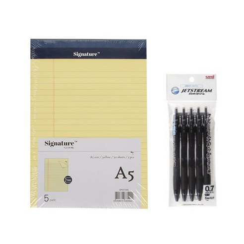 시그니처 리갈패드 A5 5p + 유니볼 제트스트림 볼펜 0.7mm 5p, 옐로우(리갈패드), 24 블랙(볼펜), 1세트
