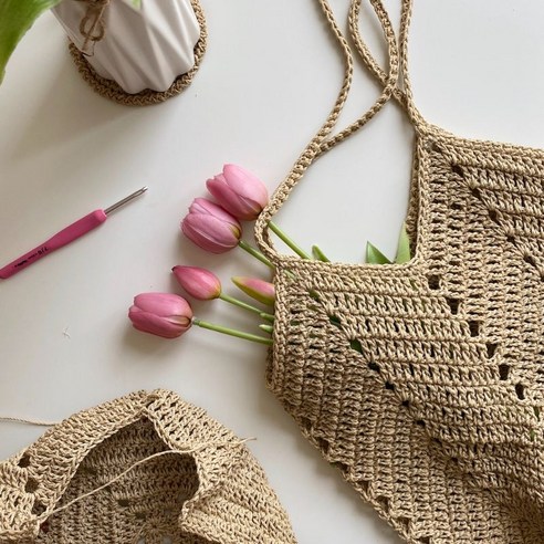 뜨개질 여름철 DIY 코바늘 라탄 그레니스퀘어 가방 키트, 1세트 에코안다리아로뜨는여름손뜨개모자 Best Top5