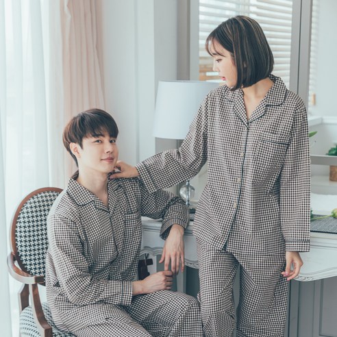 도씨 커플용 순면 긴팔 카라 잠옷 상하의 2종 세트