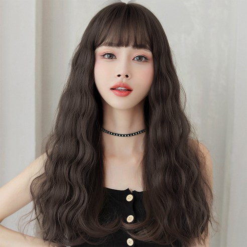 하이유니 물결 펌 뱅 헤어 통가발 가발 58cm + 가발망 + 거치대 세트, 통가발(챠콜블랙), 랜덤발송(가발망, 거치대), 1세트