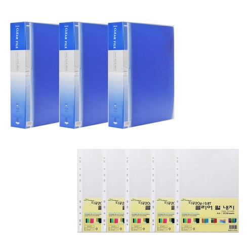 에코청운 PP 클리어파일 100매 A4 x 3p + 리필속지 T 0.8mm x 100p, 파랑(파일), 투명(리필속지), 1세트