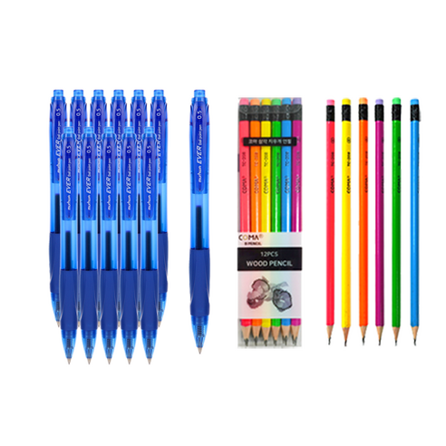 문화연필 에버펜 0.5mm 12p + 투코비 코마 삼각 지우개 연필 TC-208 B 12p 세트, 파랑(볼펜), 1세트