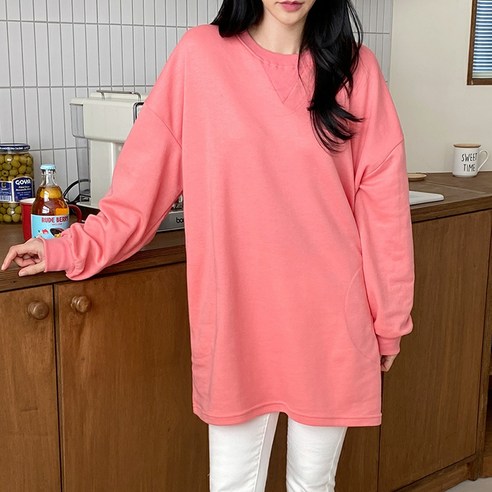 빅걸스토리 여성용 빅사이즈 삼각 포켓 오버핏 캐주얼 롱 티셔츠