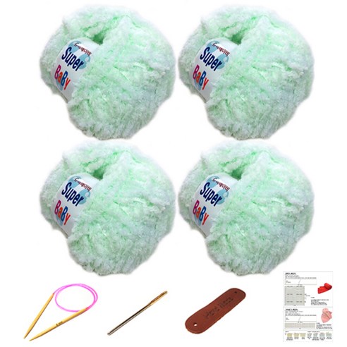 행복뜨기 슈퍼베이비 뜨개실 4p + 바늘 6mm + 돗바늘 + 가죽 라벨 + 목도리 도안 세트, 1세트, 파스텔민트