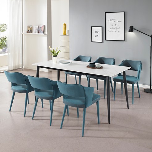 로드퍼니처 오딘 세라믹 1700 식탁 + 의자 6p 세트 6인용 방문설치, 식탁(화이트+블랙), 의자(블루)