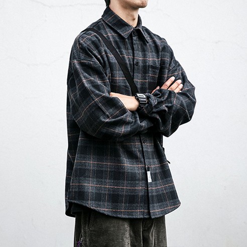 남성용 패션플로우 깔끔댄디 모직 체크무늬 캐주얼 셔츠