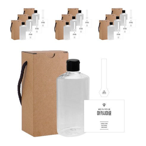 라운드납작 꿀병 페트 250ml + 원터치블랙캡 + 심플아카시아꿀L 스티커 10p 세트, 1세트