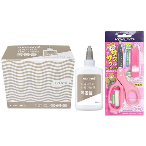 모나미 다목적으로 사용 가능한 목공풀 120ml x 12p + 고쿠요 캡 가위 세트, 랜덤발송, 1세트