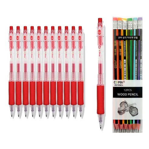 동아 큐노크 스탠다드 볼펜 0.4 + 투코비 코마 삼각 지우개 연필 랜덤발송 SG-208 세트, 빨강, 12세트