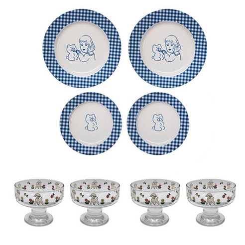 1537 체크라인 플랫 접시 2종 + 글라스볼 세트, 1세트, 깅엄체크 Small 2p + 깅엄체크 Large 2p + 글라스볼 빈티지램 4p