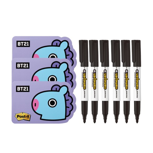 쓰리엠 포스트잇 점착용 모양 노트 654-BT21 3p + 네임펜 F 6p 세트, 망(노트), 블랙(네임펜), 1세트