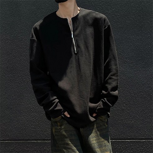 남성용 패션플로우 봄가을 라운드넥 지퍼포인트 긴팔 티셔츠