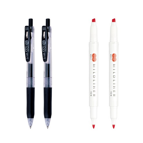 제브라 마일드라이너 마카 2p + 사라사 클립 볼펜 0.5mm 2p 세트, 메리골드(마일드라이너), 검정(볼펜), 1세트