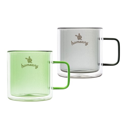 홈애니 컬러 이중 내열 유리컵 380ml, 그린 ,그레이, 2개