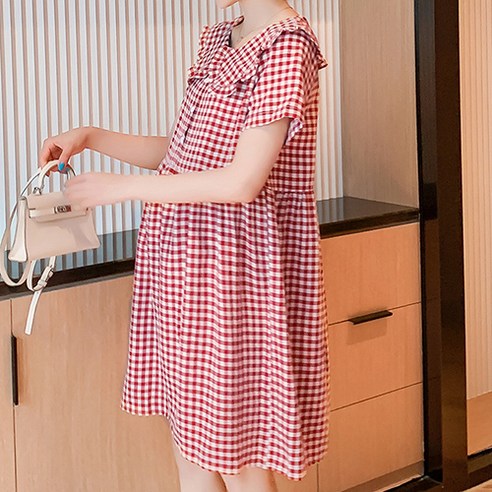 하이디 격자 둥근 카라 임산부 원피스