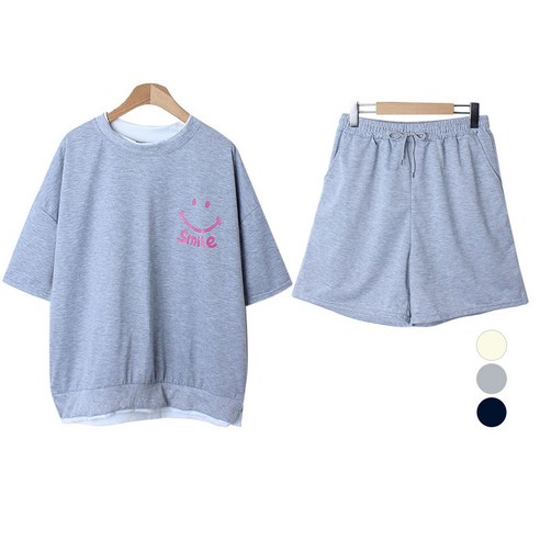 플랜데이 여성용 스마일 루즈핏 레이어드 반팔 티셔츠 + 밴딩 반바지 세트