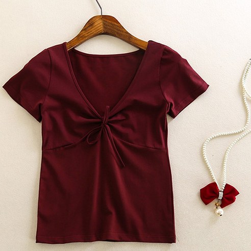 안다로미 여성용 브이넥 리본 매듭 얇은 끈 반팔 티셔츠