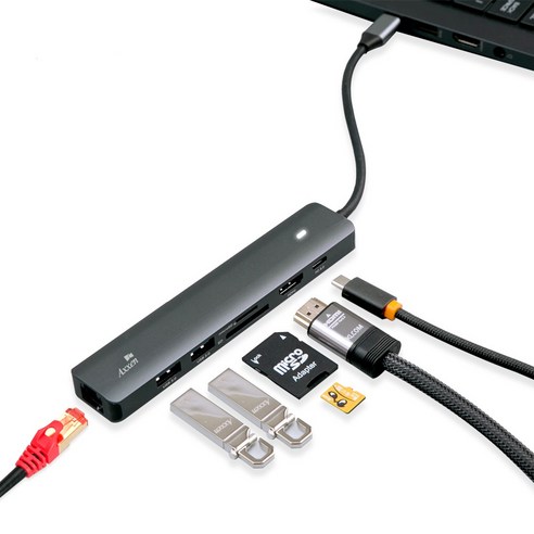 다양한 포트와 강력한 성능을 제공하는 액센 7in1 C타입 USB3.0 HDMI PD Lan Port 미러링 멀티허브 1GB MH10