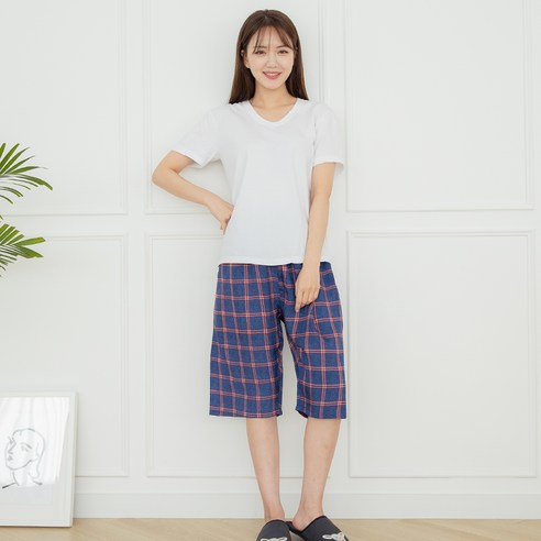 씨엘스토리 여성용 체크 인견 7부 파자마 바지