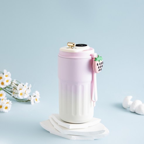 스마트 온도 측정 보온 컵 휴대용 차량용 컵 1개, 450ml, 그라데이션 분홍색