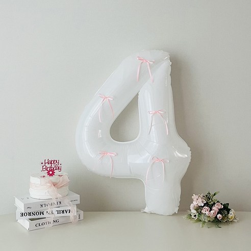 연지마켓 화이트 대형 숫자 풍선 리본 기념일 생일, 화이트 4, 1개, 핑크리본