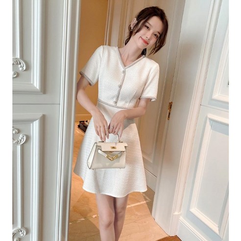 고급스러운 브이넥 진주 플레어 A라인 여성 정장원피스
