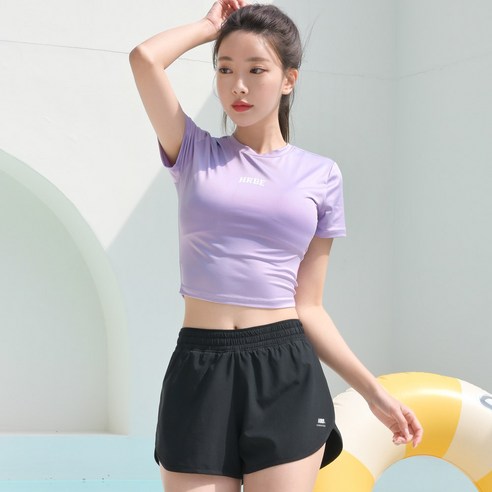 헤링본 여성 크롭 슬림 래쉬가드 수영복 비치웨어 반팔 상의 RG356W, 라벤더