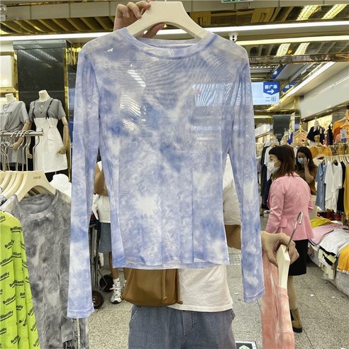 DFMEI 기본 티셔츠 여성 여름 타이 염색 태양 방지 오버레이 거즈 코트 얇은 긴 소매 내부 티셔츠 여성을위한, DFMEI 작은 파란색