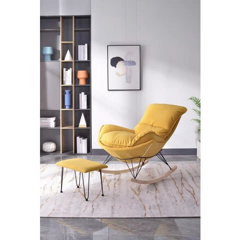 노르딕 고급스러운 안락의자 대형 흔들의자, 벨벳 노랑 와이드 발받침