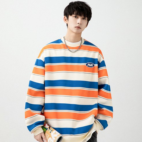 이유까까 남성용 PEACE 오버핏 스트라이프 맨투맨
