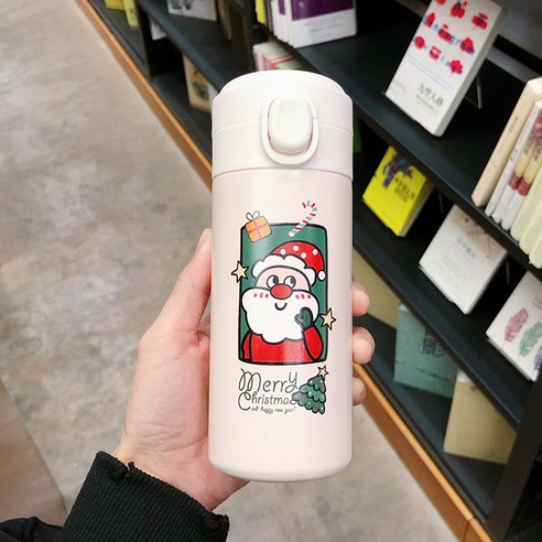smy물 컵 여학생 귀여운 보온병 컵 간단한 크리 에이 티브 한국어 크리스마스 소녀 심장 휴대용 엘크 컵, 산타 클로스 320 Ml, 하나