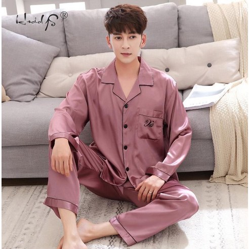 FANSYLI 2022 봄 남녀 커플 긴팔 잠옷 실크 잠옷 순면 잠옷 여성 수면 상의 하의475 1G