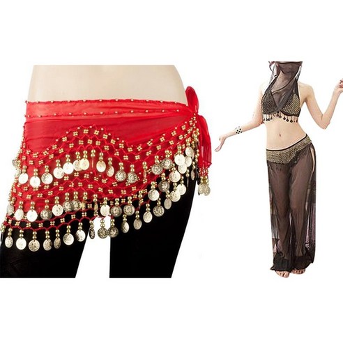 착용 엉덩이 래핑 황금 128 동전 벨트 체인 (빨간색) 여성용 착용 댄스 밸리 댄스 의상이 베일을 곁들인