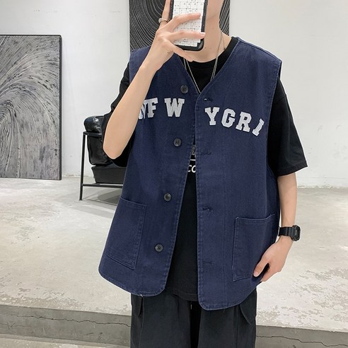 KORELAN 여름철 얇은 작업복 조끼 남성 항구 트렌드 브랜드 인스타그램 조끼 깡패 캐주얼 민소매 코트