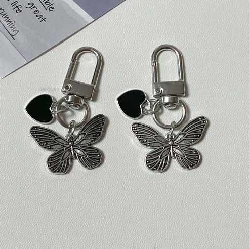 가영 빈티지 나비 하트 실버 키링 폰키링 열쇠고리, 블랙 하트, 2개