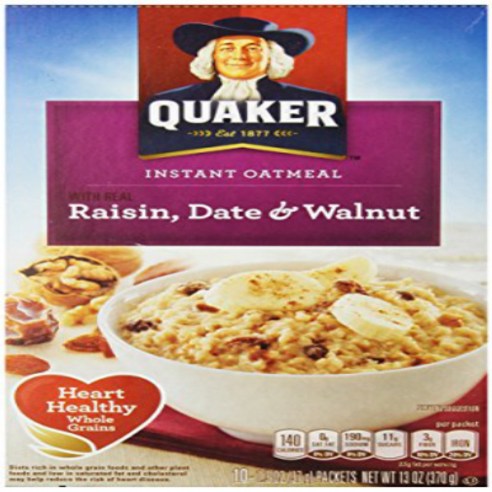 Quaker 퀘이커 인스턴트 오트밀 건포도 대추 호두 37g x 10팩 월넛 Raisin Date, 10개