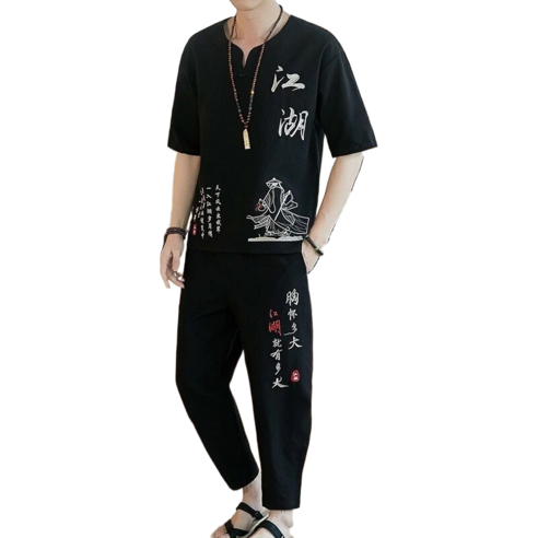 남자 린넨 바지 상하의세트 면 마 생활 소재 삼베 퓨전 여름 강호 자수 YD 뉴타임즈 H682Y452, M, 베이지, 1개
