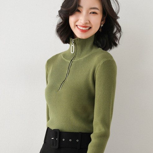 Mao울 혼합 가을 겨울 여성 의류 새로운 한국어 스타일 터틀넥 지퍼 닫기 피팅 니트 기본 셔츠 스웨터