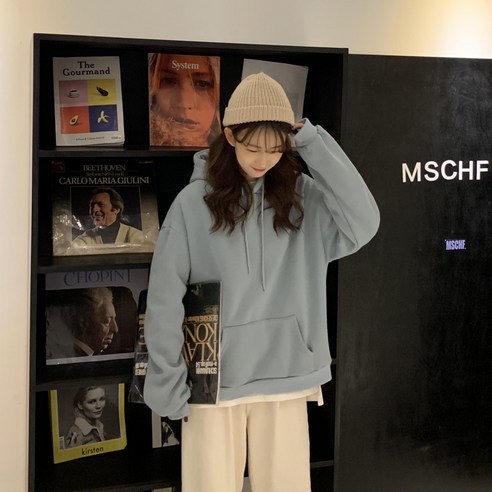 DFMEI 가을 겨울 스타일 새로운 단색 양털 안감 느슨한 후드 스웨터 여성 긴팔 풀오버 코트 유행 스웨터