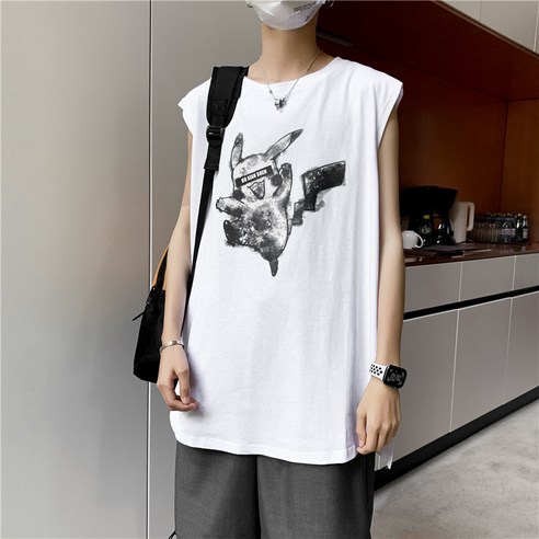 DFMEI 여름 패션 스포츠 조끼 한국어 스타일 느슨한 인쇄 민소매 티셔츠 커플 조끼 비치 겉옷 티셔츠