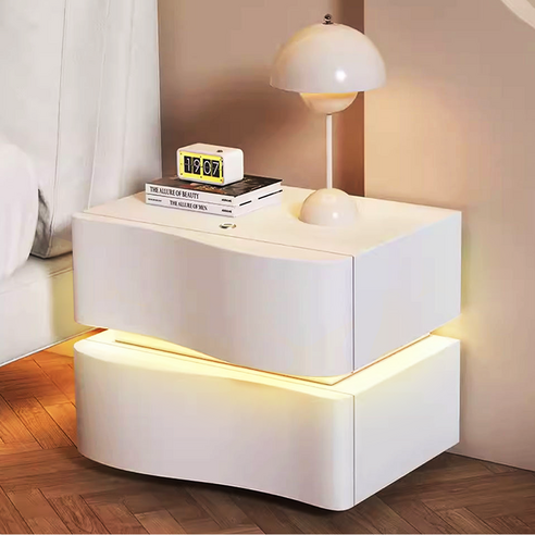 루앙 LED 침대 협탁 조명 색상 조절가능 가죽 원목 스마트 미니 침대옆 침실 서랍장 사이드 테이블, 넓이 40cm, 아이보리, 1개