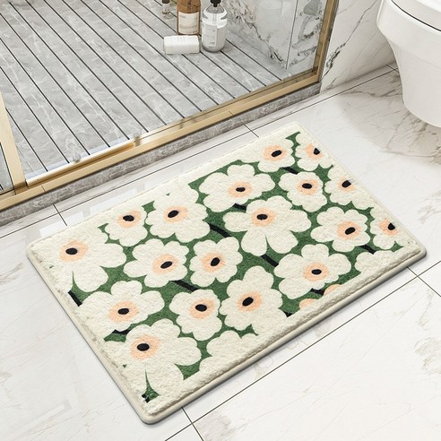 DFMEI간단한 물 흡수 바닥 매트 화장실 녹색 비 슬립 매트 도어-욕실 발 매트 침실 화장실 카펫 가정용 매트, 40*60 [두껍고 부드러운, 30% 고객 선택], 직사각형 예술 녹색 작은 꽃 [양털]
