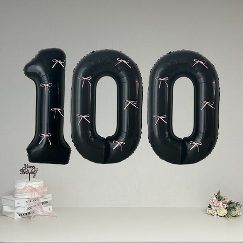 연지마켓 블랙 대형 숫자 풍선 리본 기념일 생일, 1개, 핑크리본 + 블랙숫자 100