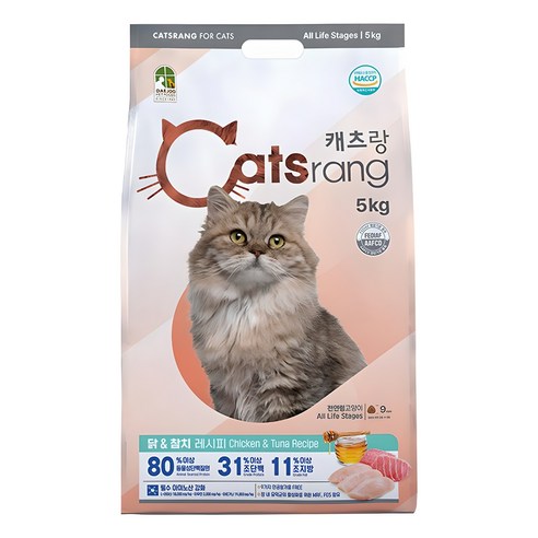 캐츠랑 전연령용 고양이 건식 사료 – 닭+참치 맛, 5kg, 1개