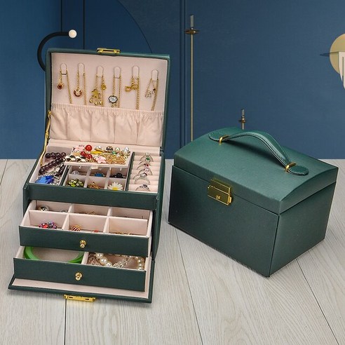 FREELIFE 대용량 가죽 보석함 고급 3단 FR-131, FREE, dark green-361