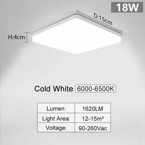 MARPOU 스퀘어 LED 천장 조명 침실 뉴트럴 화이트 콜드 웜 48W 36W 24W 18W, Cold White-18W_China